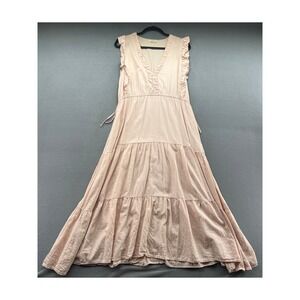 Stark X Dress Pink Ruffle V-Neck Tiered Maxi Sleeveless Pockets Boho L